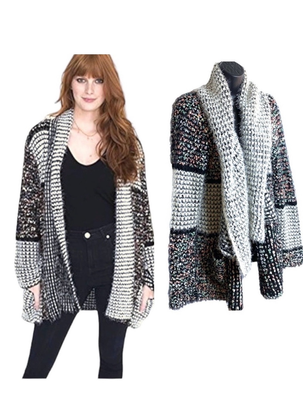 Le Fee Verte Confetti Color Open-Front Patterned Knit Cardigan Sweater